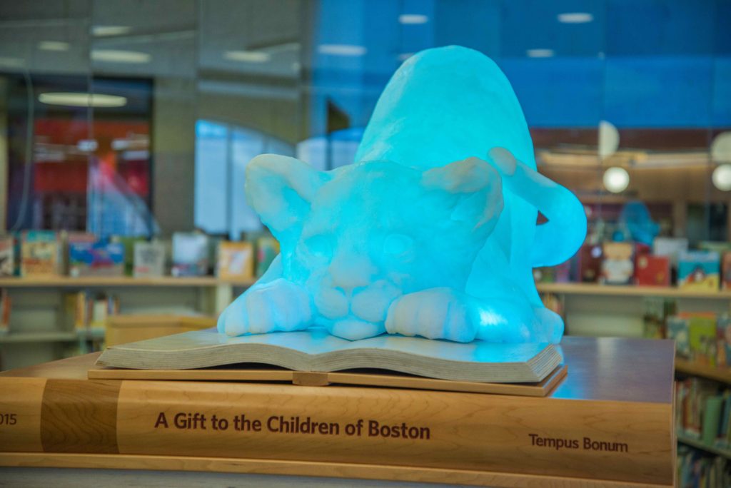 Lion+cubs+reminiscent+of+ice+sculptures+crouch+atop+bookshelves+throughout+the+newly+renovated+children%E2%80%99s+library+at+the+BPL+in+Copley+Square.