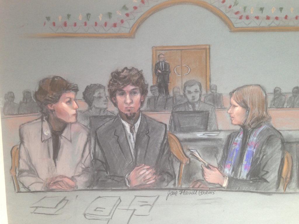 Dzhokhar+Tsarnaev+flanked+attorneys+Miriam+Conrad+and+Judy+Clarke+at+the+defense+table+on+March+18%2C+2015.