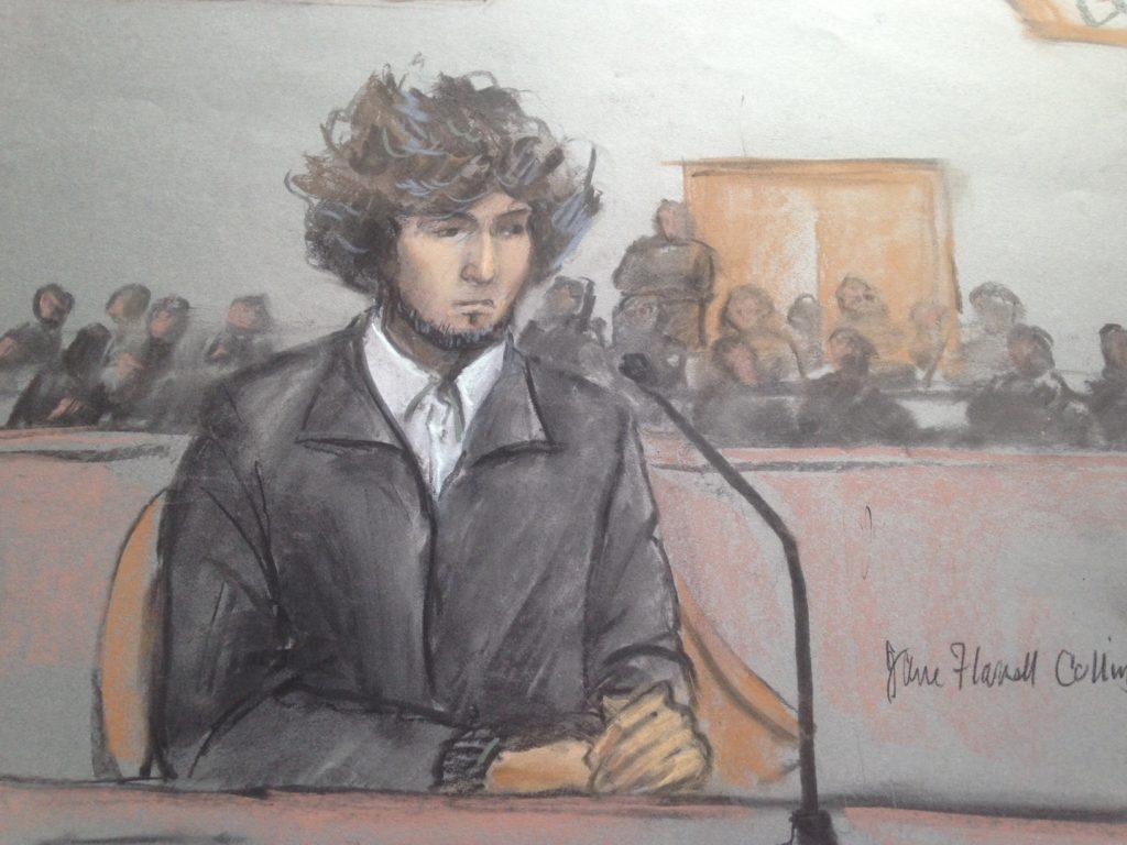 Dzhokhar Tsarnaev, illustrated here at Moakley Courthouse, listened as the people affected by his alleged involvement in the 2013 Boston Marathon Bombings testified against him. Illustration by Jane F. Collins.