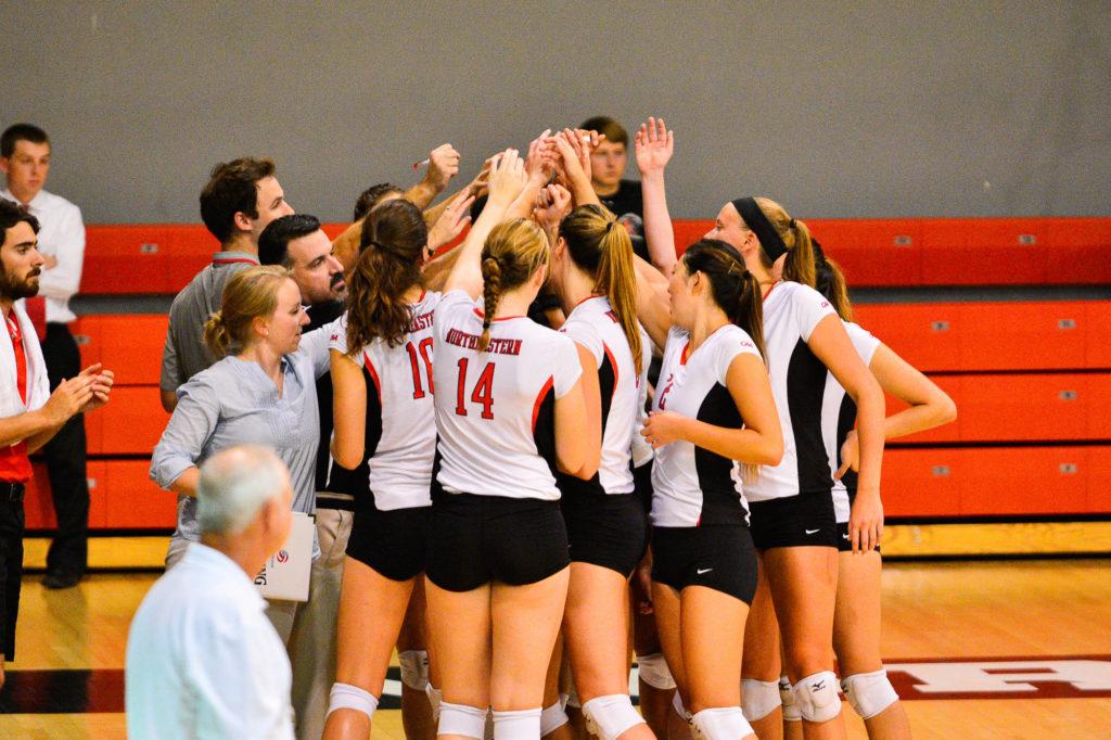 Northeastern+Womens+Volleyball+won+against+the+University+of+Massachusetts+Lowell+River+Hawks+on+the+night+of+Sept.+8+at+the+Cabot+Center%2C+3-2.