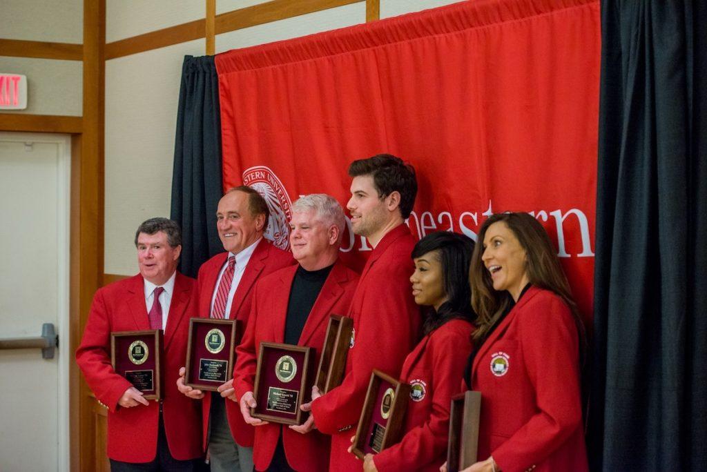 Left to right: Bill Cotter, John Maslowski, Mike Genetti, Adam Ottavino, Tramaine Shaw and Kristin Ursillo Prosser join the NU Hall of Fame.