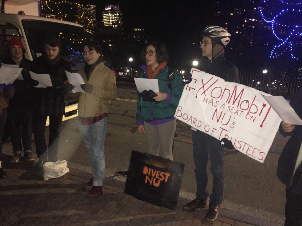 Students protest for divestment outside Aoun’s holiday party