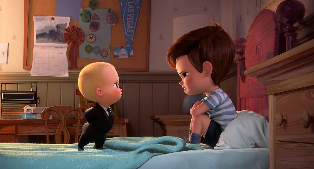 Boss Baby (Alec Baldwin) confronts his brother Tim (Miles Christopher Bakshi) in DreamWorks’ “The Boss Baby.”/Photo courtesy DreamWorks Animation