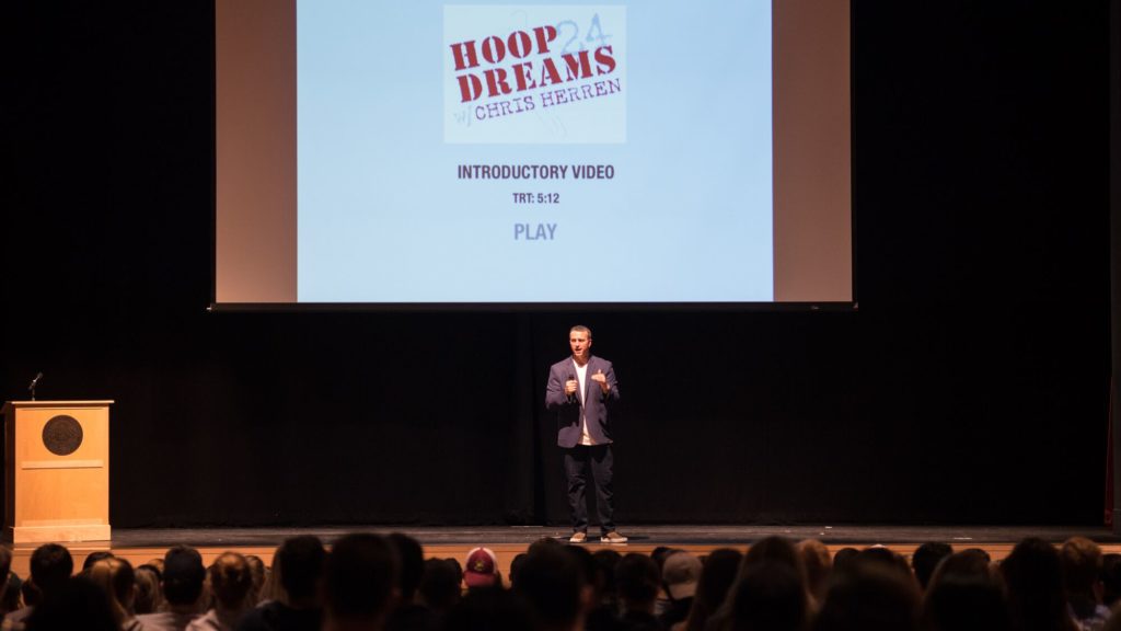 Former Celtics player Chris Herren spoke to Northeastern students in Blackman Auditorium about his struggles with cocaine, oxycontin and heroin. / Photo by Alex Melagrano, photo editor 