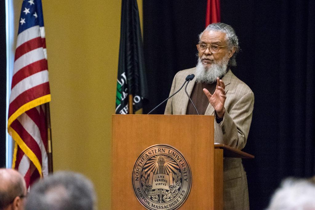 State Rep. Byron Rushing (D-9) speaks at the John D. OBryant African American Institute on Tuesday as part of the opening of the Lower Roxbury History Project. / Photo by Lauren Scornavacca