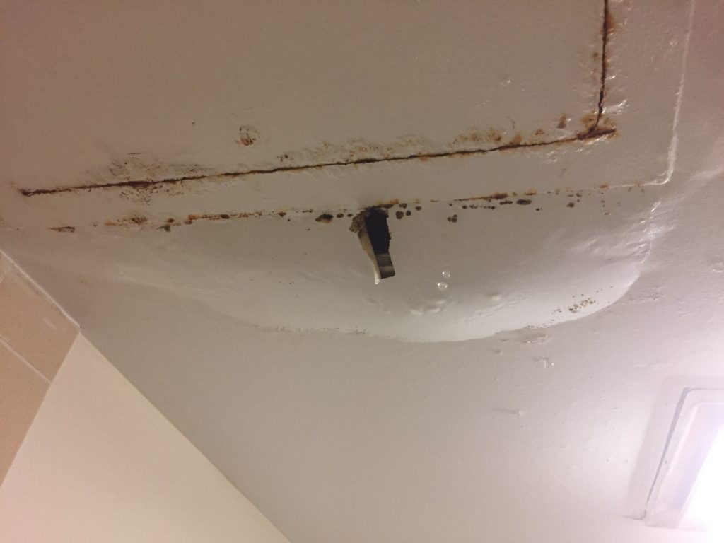 An+apparent+water+leak+created+a+water+bubble%2C+approximately+18+by+6+inches%2C+in+a+Willis+Hall+bathroom.+%2F+Photo+by+Glenn+Billman