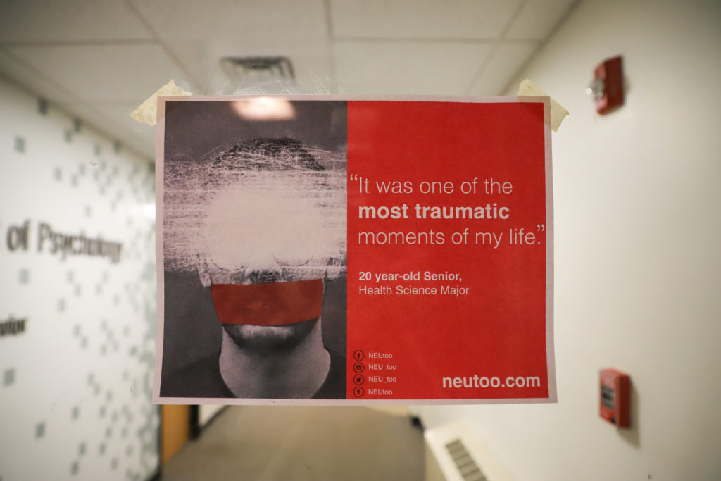 The NEU Too campaign kicked off at Thursday midnight as students covertly covered the campus in promotional posters./ Photo by Riley Robinson