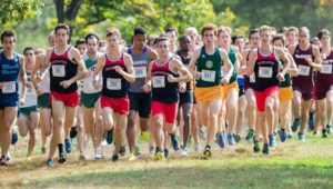 Northeastern mens cross country team leads the pack at a previous season meet. 