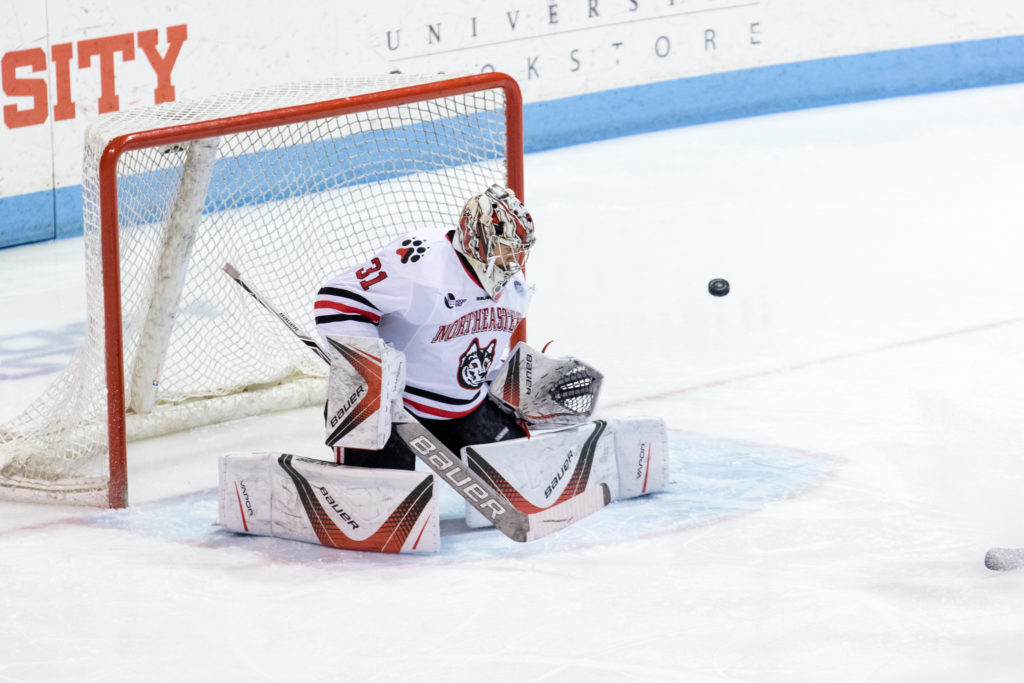 Cayden Primeau, NUs starting goalie, will have his work cut out for him against No. 1 UMass this weekend. File photo by Albert Tamura