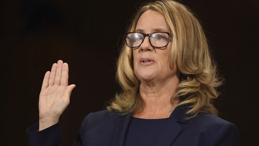Christine Blasey Ford is sworn in to testify before the Senate Judiciary Committee on Capitol Hill in Washington, Thursday, Sept. 27, 2018. (Saul Loeb/Pool Photo via AP)
