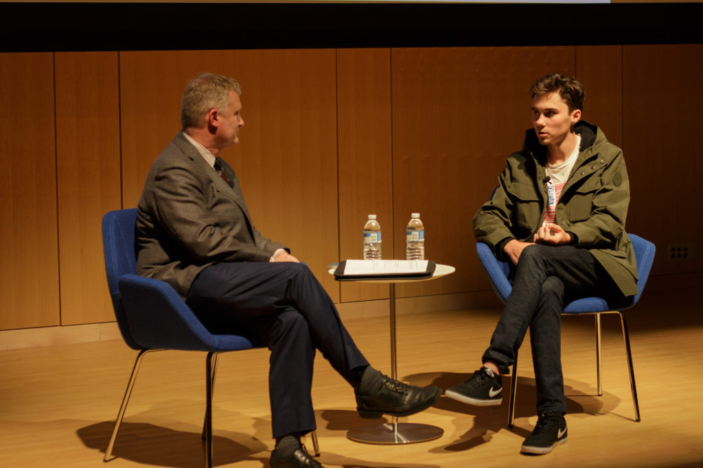 David Hogg speaks at Boston Public Library about gun control. / Photo by Catherine Argyrople