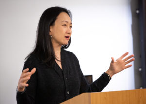 Author Min Jin Lee speaks with students as part of the Visiting Distinguished Writer series