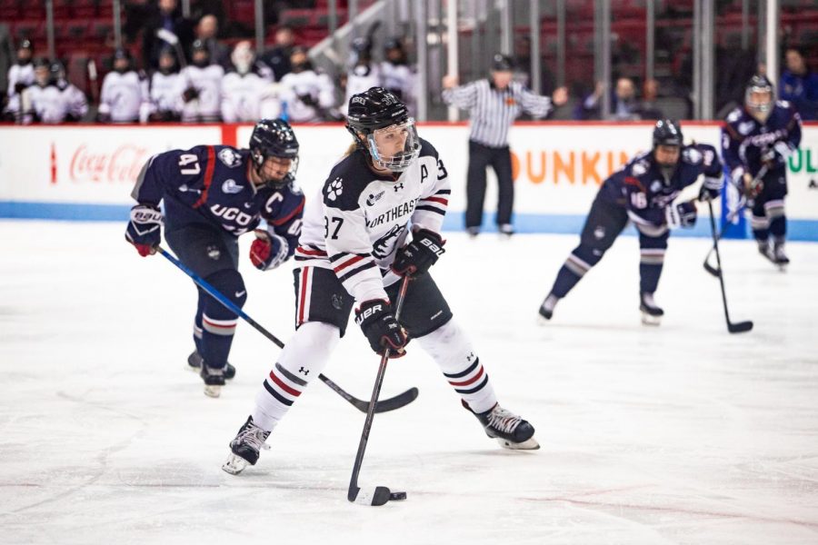 Senior forward Kasidy Anderson moves up the ice in a prior game against UConn. / File photo by Dylan Shen.