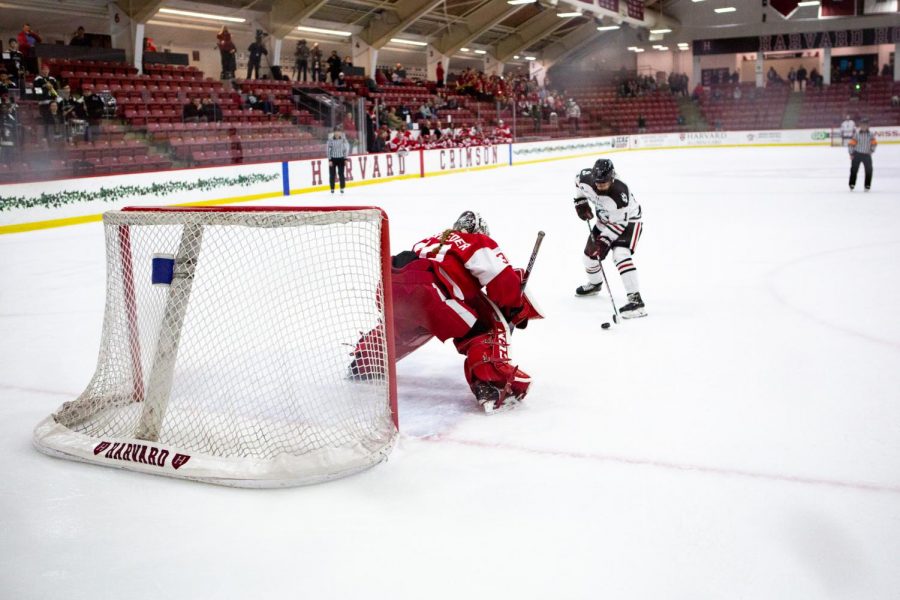 Sophomore forward Alina Mueller carries the puck during a shootout vs BU last year. 