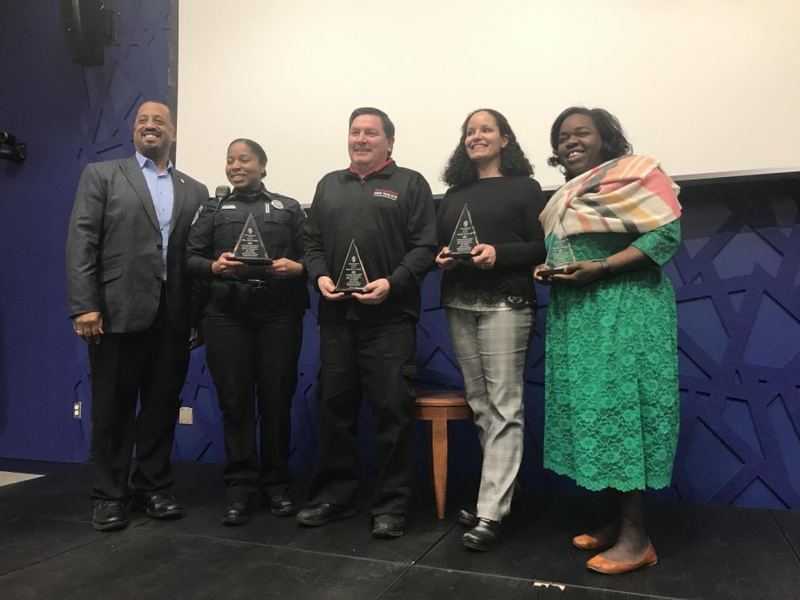 (From left to right) Richard O’Bryant, Anika Crutchfield, Marcelo A. Araya, Audrey Grace and Lawrencia Raynor pose for a photo after the ceremony. 