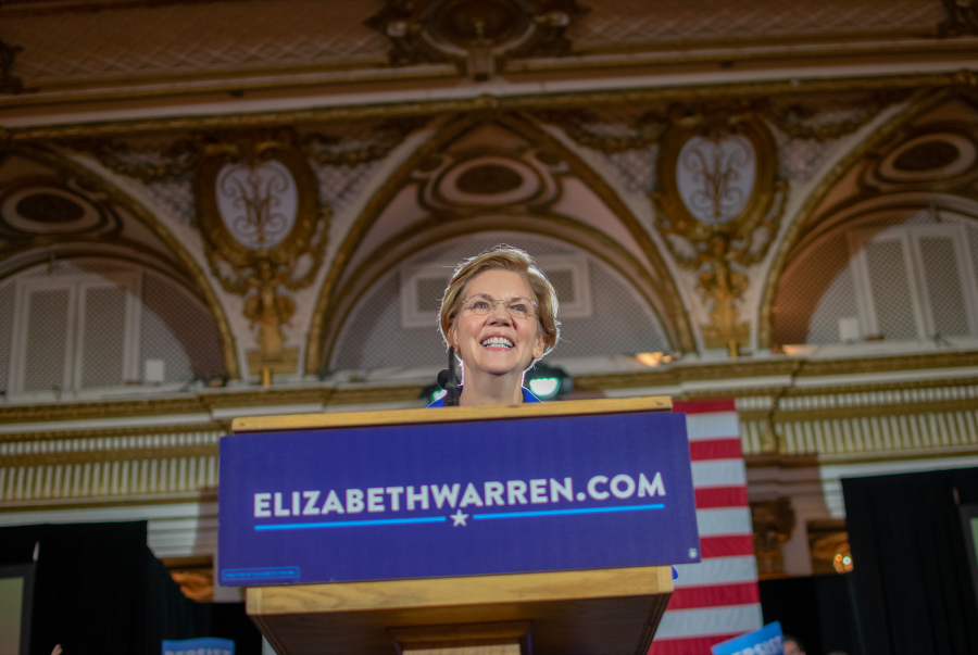 Elizabeth Warren celebrates her re-election to the U.S. Senate at the Fairmont  Copley Plaza in 2018. 