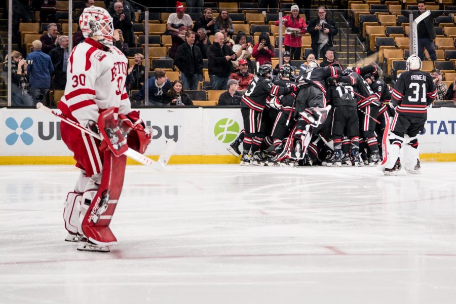 BU goalie Jake Oettinger skates off after the Huskies scored in overtime on their 49th shot. Oettingers incredible 47 saves werent enough.
