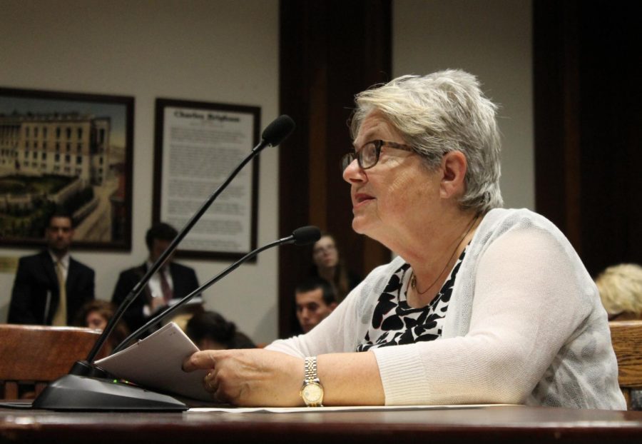 Democratic Rep. Kay Khan of Newton testifies before the Financial Services Committee last year.