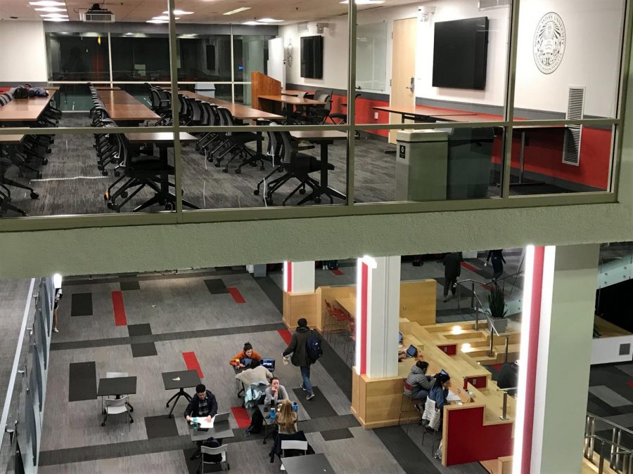 The empty SGA Senate room sits above the bustling Curry Student Center.