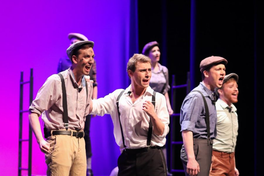 NU Stage cast members perform Seize the Day from Newsies during the theatre groups spring 2019 revue Light Up the World.