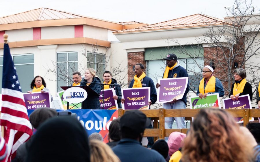 A group of regional Stop & Shop employees addresses the crowd at the rally in Dorchester. 