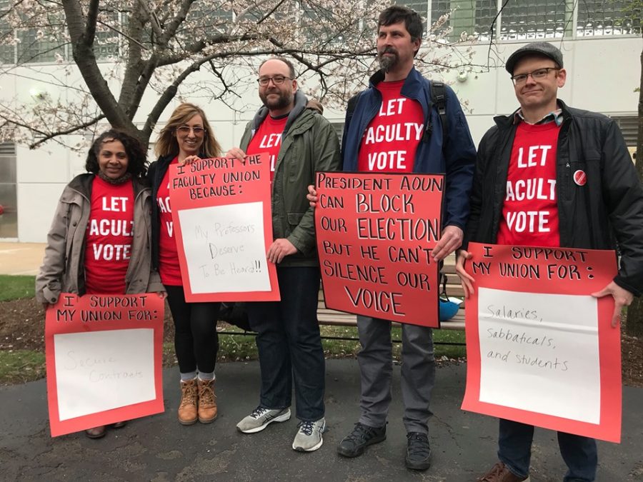 Some members of the Northeastern Full-Time Faculty Union Organizing Committee are pictured from left to right: Melissa Pearson, Vaso Lykourinou, Aaron Block, Nick Brown, and Sebastian Stockman