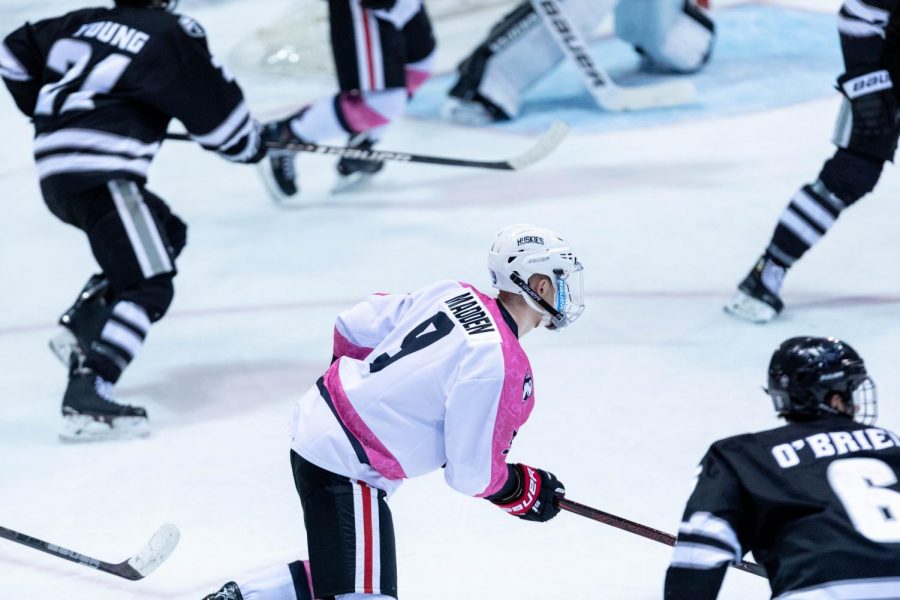 Sophomore center Tyler Madden, who scored the first goal of the game Saturday night, skates forward in a game last season against Providence.