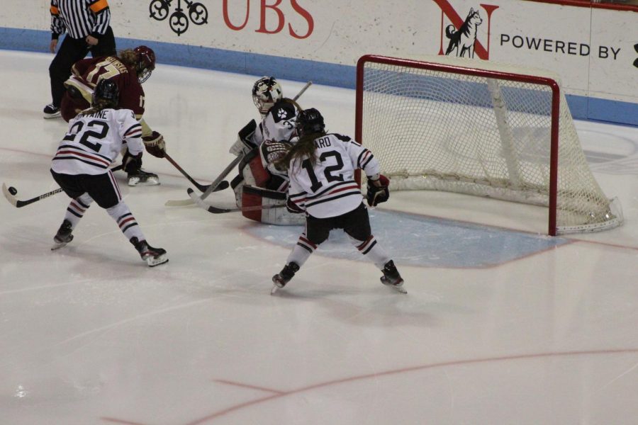 Aurard and Fontaine watch the aftermath of a Frankel save during a game against BC last week. 