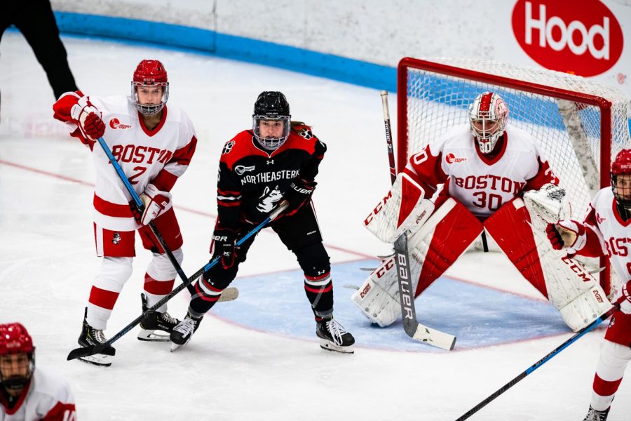 Knoll sits just outside the crease during an NU power play against BU.