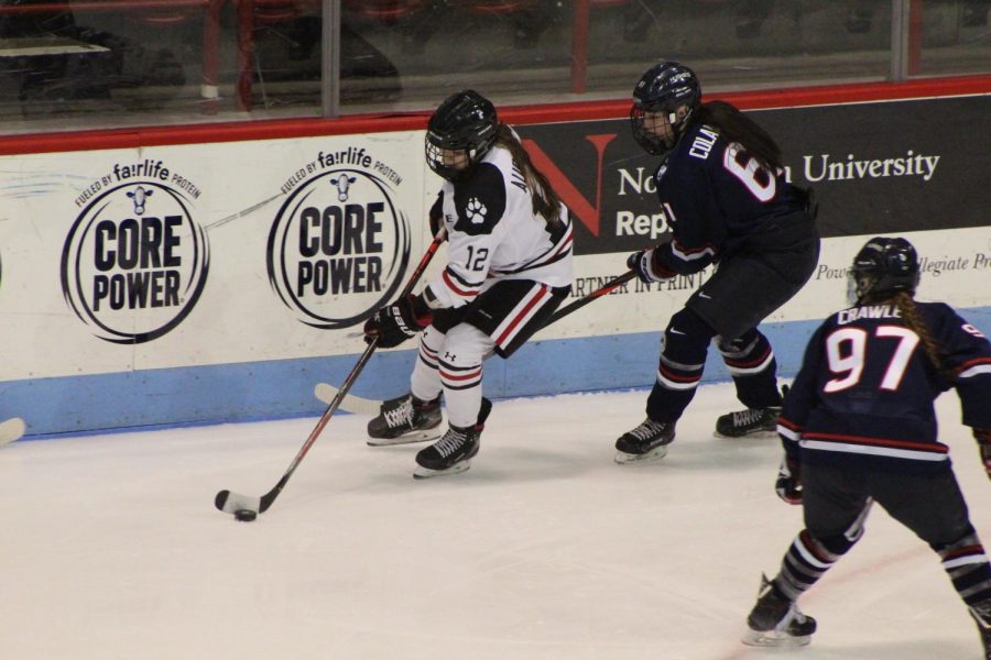 Aurard carries the puck along the boards during a game against UConn earlier this season. 