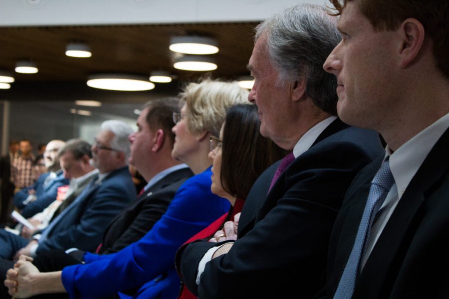 Markey and Kennedy sit with other politicians at the opening of Northeasterns Interdisciplinary Science and Engineering Complex in 2017.