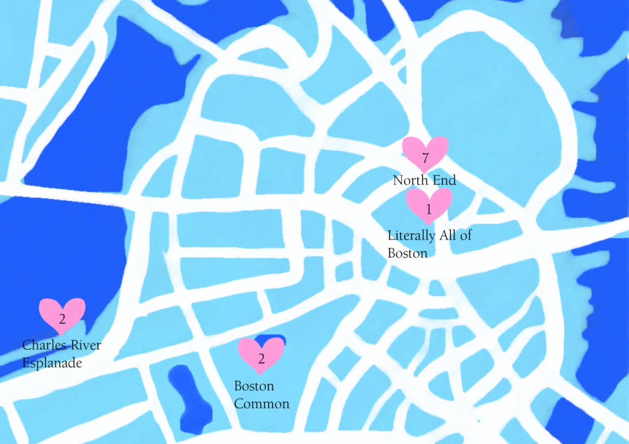 Number 7, 2 (tie) and 1 of places students miss most in Boston. Graphic by Jayden Khatib