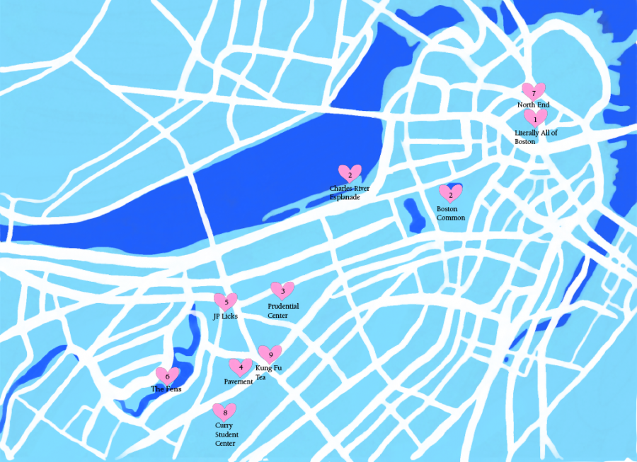 The top nine locations in Boston that Northeastern students miss the most according to a poll conducted in a Facebook group of Northeastern students. 