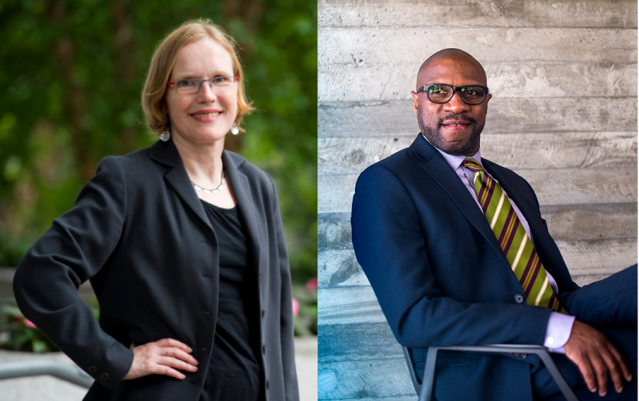 Dean Uta Poiger of the College of Social Sciences and Humanities and Dean James Hackney of the School of Law