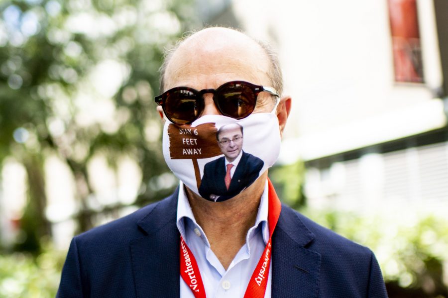 President Aoun wears a mask created by Northeastern student Naomi Silver.