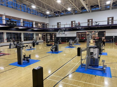 Marino's basketball courts, normally populated by intense pickup basketball, now are the home of socially distanced exercise equipment.