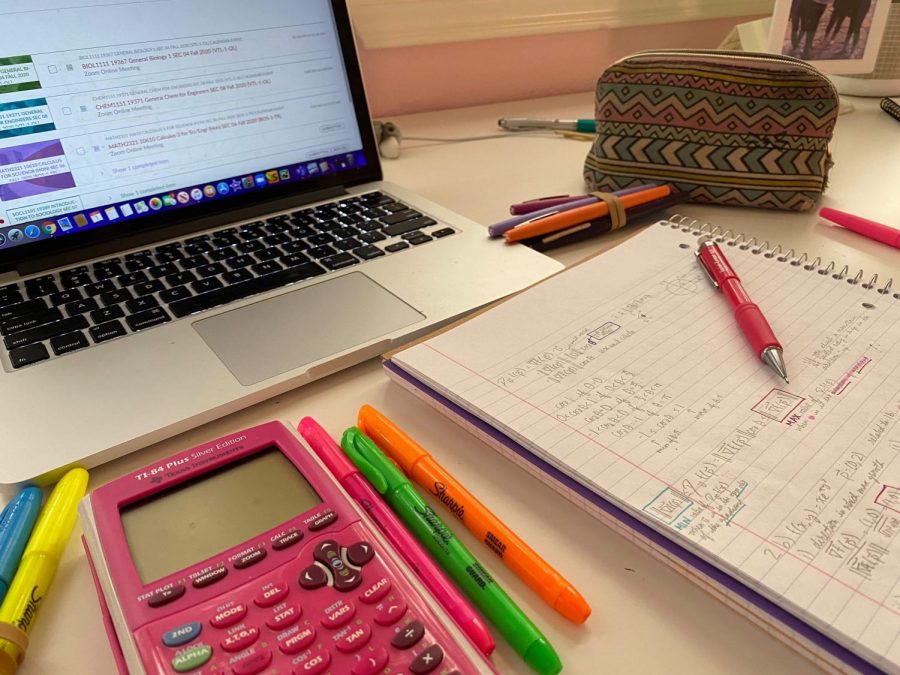 First-year biology and mathematics major Sachi Kulkarnis remote learning setup in Texas. 