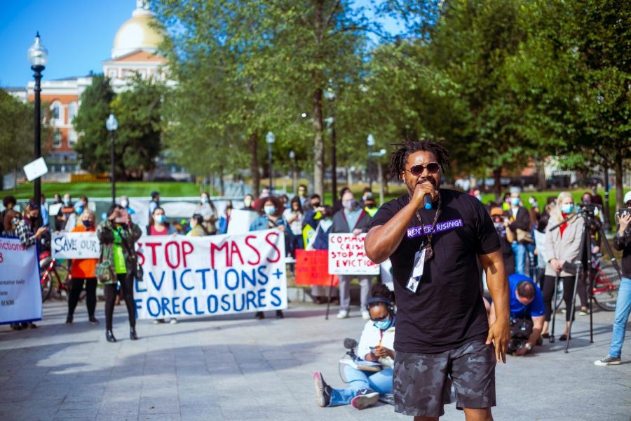 Protestors rally in Boston Common to gather support for the Housing Stability Act. 