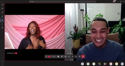 James Lyons in a Microsoft Teams meeting with Shea Couleé, a professional drag queen who AfroSpectrum and Northeastern CUP hosted for an event in the  fall of 2020.