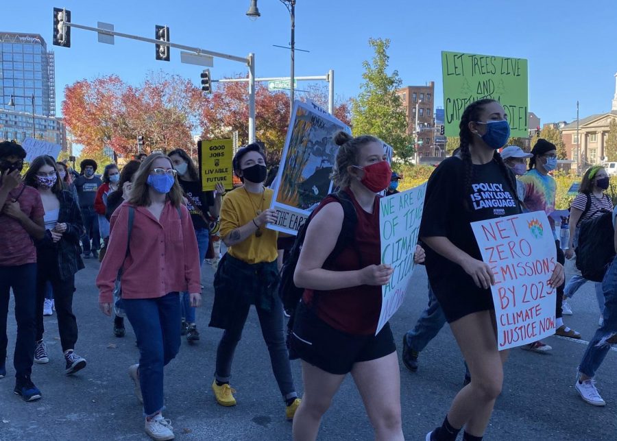 People demonstrate at the Climate Justice Strike Oct. 15, 2020.