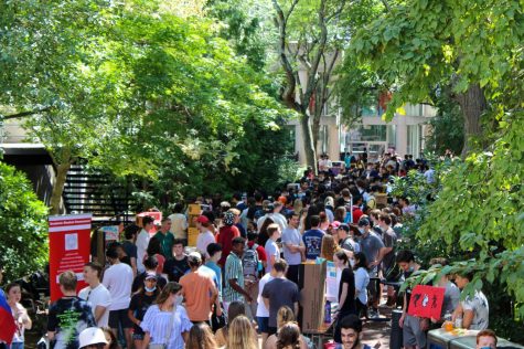 Students crowded near Curry Student Center learning about campus clubs and organizations. There were more than 350 organizations represented at Fall Fest. 