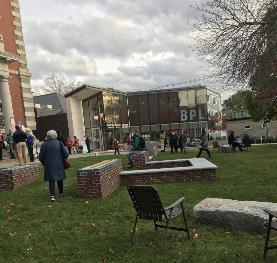 An+art+installation+outside+the+library+in+Jamaica+Plain.