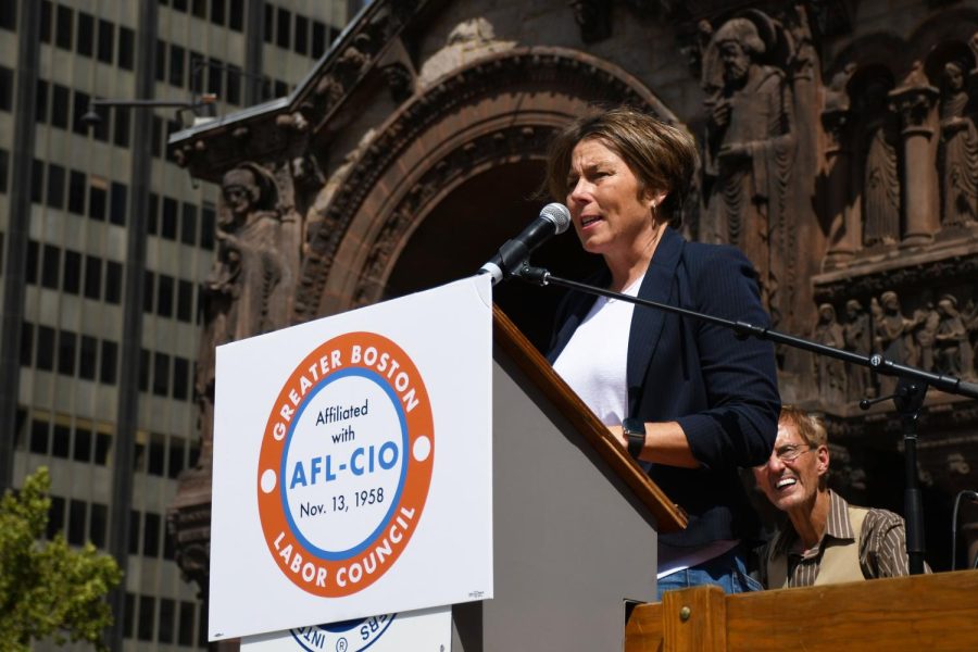 Maura+Healey+announced+she+will+run+for+governor+Thursday+morning.+She+is+pictured+in+a+Labor+Day+rally+in+Copley+Square+on+Sept.+6%2C+2021.+Photo+credit+Avery+Bleichfeld.++