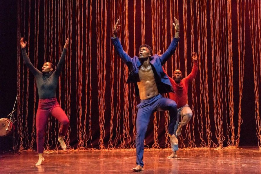 Members of Afro-Colombian dance group Sankofa Danzafro performing Accommodating Lie, following a narrative that explores the stereotypes and politics of the Black body through movement. Photo credit to Elsie Management.