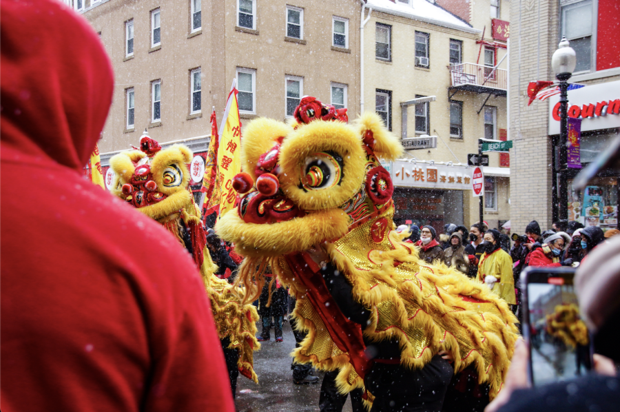 Spectators watched lion dancers to the music of drum beats and firecrackers Feb. 13. Photo credit Erin Fine.