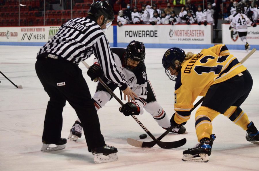 The Huskies and the Warriors face off in the 2022 Hockey East quarterfinals. 
