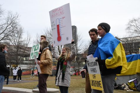 When news of the war broke on campus, students were quick to gather in protest and to raise money to support Ukraine, with students demonstrating in Centennial Commons. 