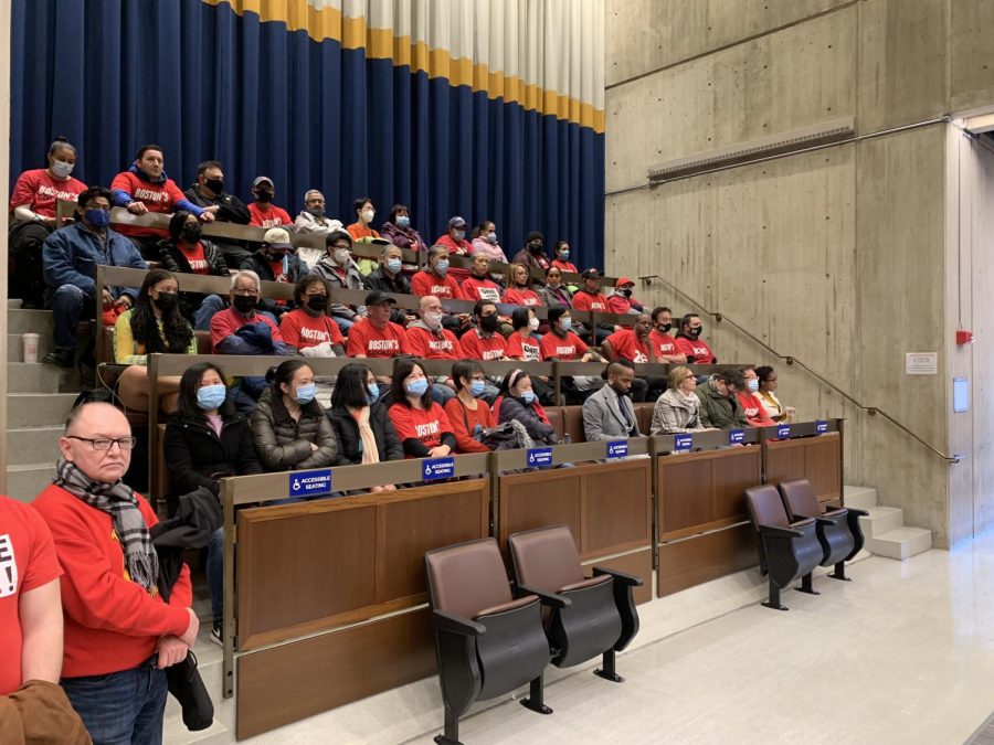Sheraton employees and union representatives from Bostons Local 26 sat in on a March 23 City Council meeting, where councilors unanimously passed a resolution opposing the conversion of hotel rooms into permanent dormitories. Photo courtesy of UNITE HERE Local 26. 