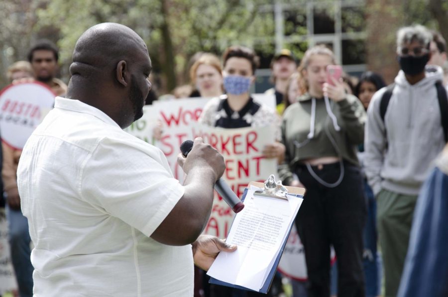 A Northeastern dining hall worker speaks at a HOWL rally in April 2022.
Rosario said the student-labor alliance provided dining workers
confidence in negotiations with Chartwells.