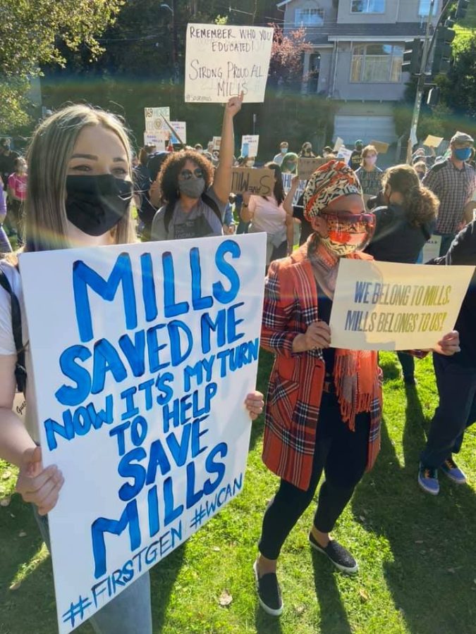 Mills students and alumni gathered on campus to protest the schools closing when it was first announced in spring 2021. Photo courtesy of the Save Mills College Coalition.